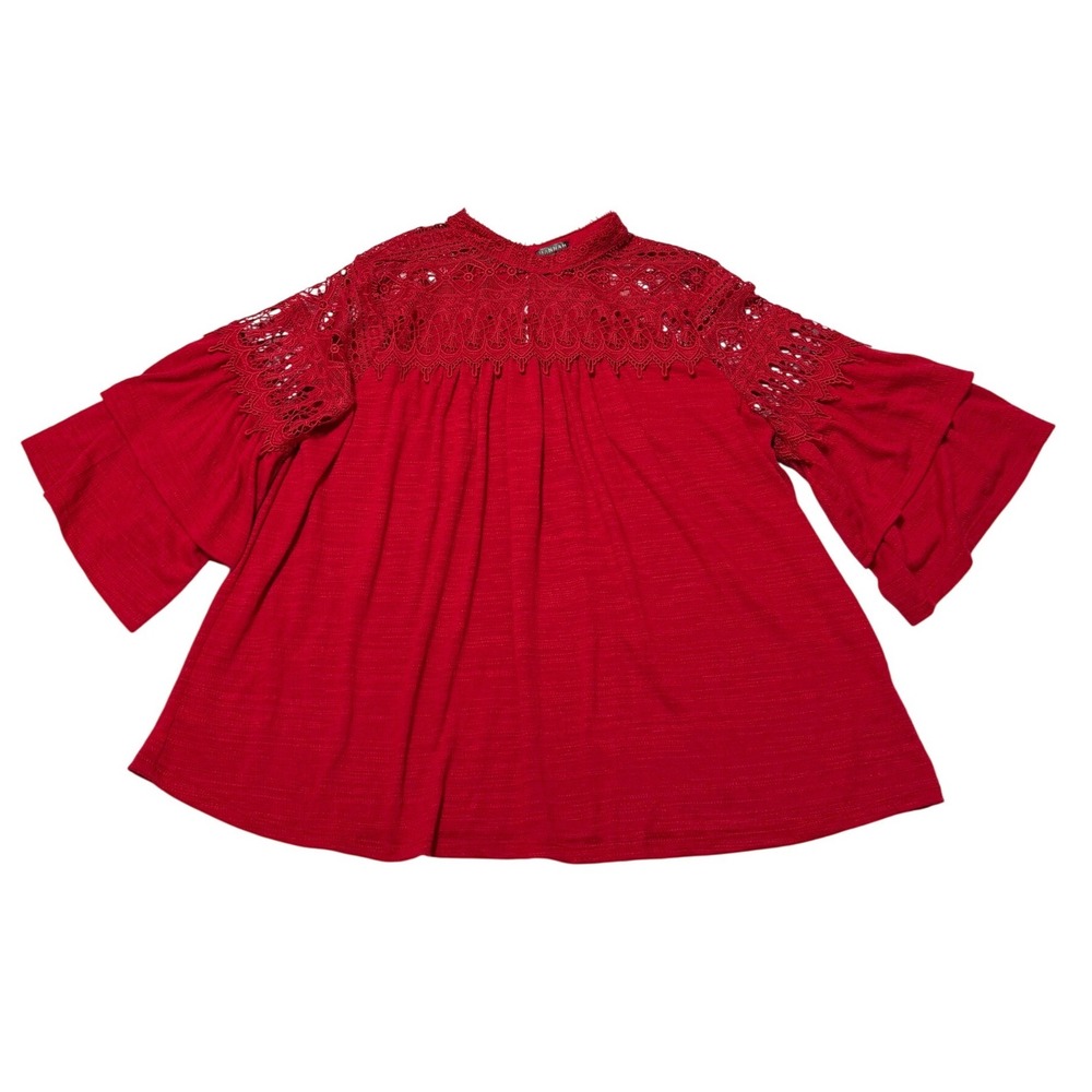 Hannah Red Crochet Lace Yoke Tiered Bell Sleeve Blouse Top L Boho Hippie Chic